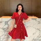 Dot V-neck Short-sleeve Slim-fit Dress