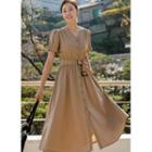 Puff-sleeve Shirred Long Dress With Belt