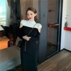 Long-sleeve Cutout Two Tone Knit Dress Black - One Size