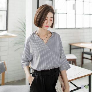 Stripe Surplice-neck Dolman Cotton Blouse