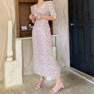 V-neck Silky Maxi Rosette Dress