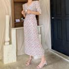 V-neck Silky Maxi Rosette Dress