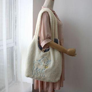 Cartoon Sheep Embroidered Fleece Shopper Bag Off-white - One Size