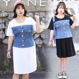 Short-sleeve Denim Panel Shift Dress