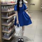 Plain Ruffle A-line Mini Dress Blue - One Size
