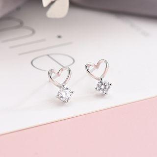 925 Sterling Silver Heart Rhinestone Dangle Earring Es853 - 1 Pair - One Size
