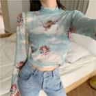 Angel Print Long-sleeve T-shirt / High-waist Wide-leg Jeans