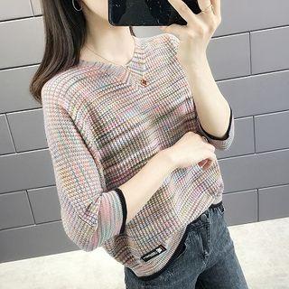 Melange V-neck Batwing-sleeve Sweater