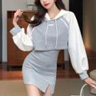 Set: Two-tone Cropped Hoodie + Spaghetti Strap Side-slit Mini Sheath Dress