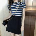 Striped Slim-fit Short-sleeve Top / Plain Pencil Skirt