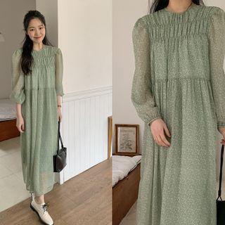 Shirred Floral Chiffon Long Dress Mint Green - One Size