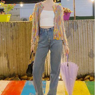 Melange Color Cropped Cardigan As Shown In Figure - One Size