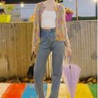 Melange Color Cropped Cardigan As Shown In Figure - One Size