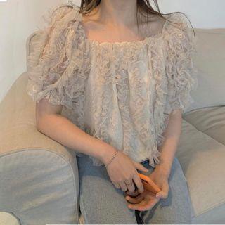 Square-neck Lace Mesh Panel Top Beige - One Size