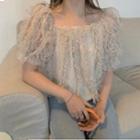 Square-neck Lace Mesh Panel Top Beige - One Size