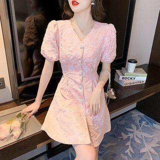 Puff-sleeve Patterned Open Back Mini A-line Dress