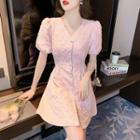 Puff-sleeve Patterned Open Back Mini A-line Dress