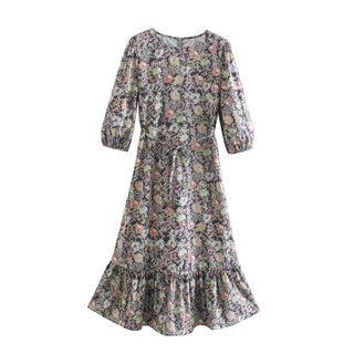 Long-sleeve Tie-waist Floral Midi A-line Dress