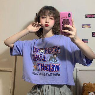 Short-sleeve Cartoon Print Cropped Top