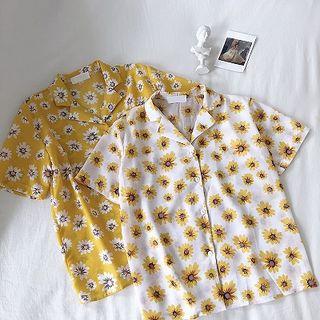 Floral Chiffon Single-breasted Short-sleeve Blouse