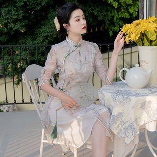 Elbow-sleeve Floral Frog-button A-line Dress