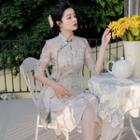 Elbow-sleeve Floral Frog-button A-line Dress