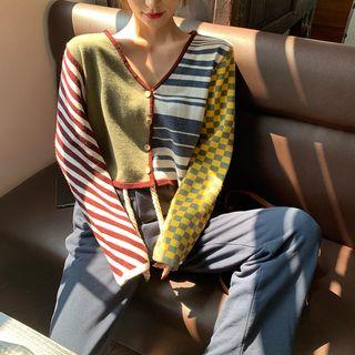 Checked Panel Long-sleeve Knit Top / High Waist Straight-cut Pants
