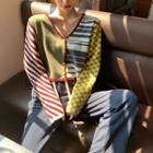 Checked Panel Long-sleeve Knit Top / High Waist Straight-cut Pants