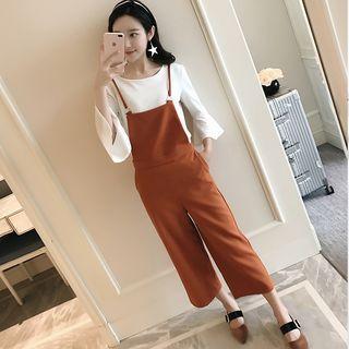 Set: Ruffle-sleeve Top + Cropped Suspender Pants
