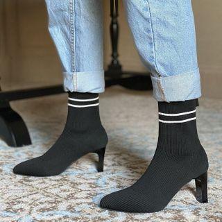 Striped Pointed Kitten Heel Short Boots