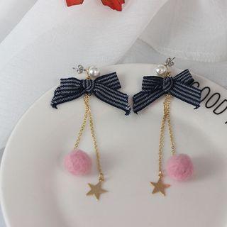Pom Pom Dangle Earring Ribbon - Black & Gray - One Size