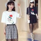 Set: Printed Elbow-sleeve T-shirt Dress + Lace Skirt