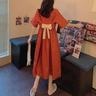 Elbow-sleeve Ribbon Midi A-line Dress