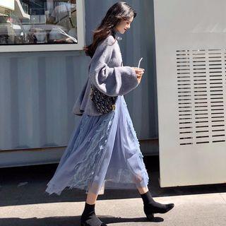 Cowl Neck Sweater/ Fringed Midi A-line Mesh Skirt