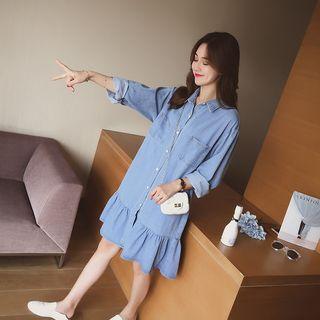 Ruffle Hem Long-sleeve Midi Denim Shirt Dress