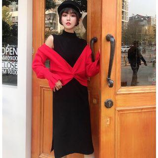 Sleeveless Knit Dress / Knotted Cardigan