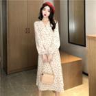 Long-sleeve Dotted Midi A-line Dress Off-white - One Size