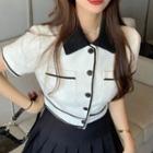 Short-sleeve Collared Blouse / Pleated Mini A-line Skirt