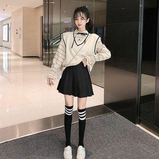 Flared-cuff Plaid Shirt / V-neck Knit Vest / Pleated Mini A-line Skirt / Set