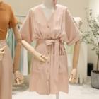Elbow-sleeve Buttoned A-line Mini Dress Pink - One Size