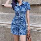 Short-sleeve Tie-dye Ruched Single-breasted Dress