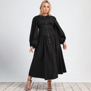 Puff-sleeve Zip-up Midi A-line Dress