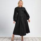 Puff-sleeve Zip-up Midi A-line Dress