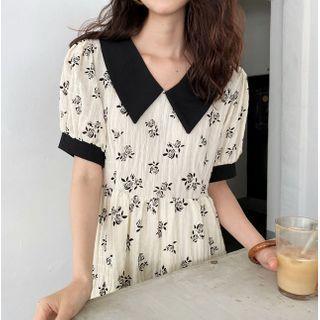 Flower Print Short-sleeve Maxi Shift Dress As Shown In Figure - One Size