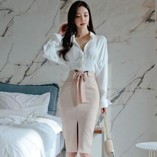 Set: Long-sleeve Blouse + High Waist Pencil Skirt