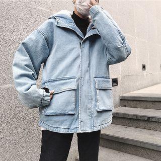 Fleece-lined Hooded Zip Padded Denim Coat