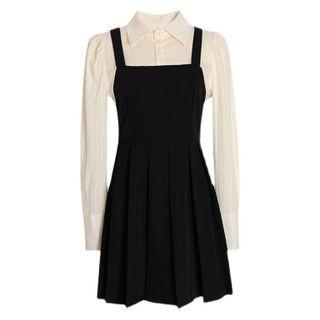 Mock Two-piece Long-sleeve Pleated Mini A-line Shirtdress