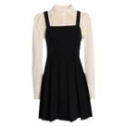 Mock Two-piece Long-sleeve Pleated Mini A-line Shirtdress