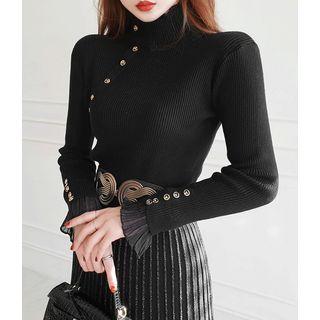 Mock-neck Button-trim Knit Top Black - One Size