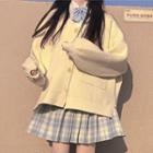 Rib Knit Cardigan / Plain Shirt / Plaid Pleated Mini A-line Skirt